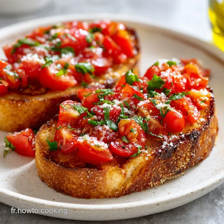 Four artfully arranged bruschetta on a white plate, showcasing the vibrant red tomatoes and creamy melted cheese with fres...
