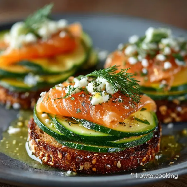 Les Bruschettas Soleil Levant Courgettes Grillées Crème dAneth Fraîche et Nuage de Saumon Fumé presentation