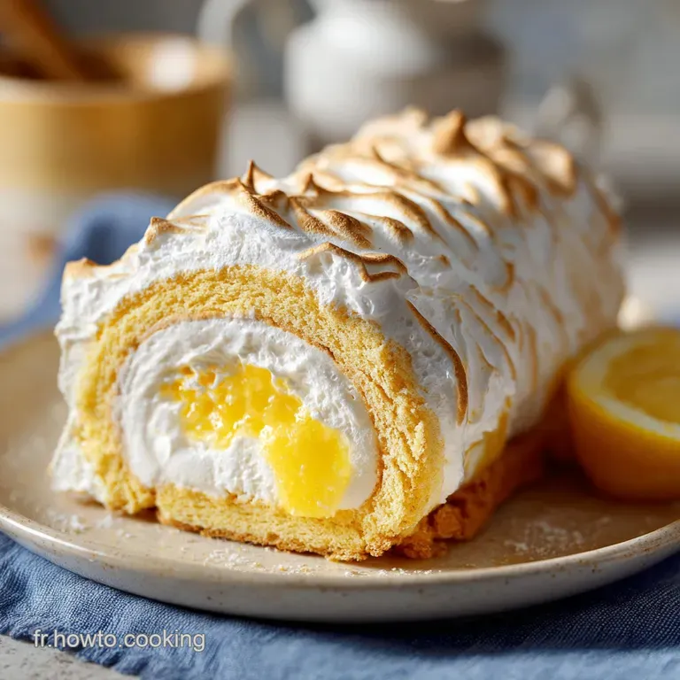 A slice of lemon meringue roulade artfully arranged with fresh raspberries and a dusting of sugar.