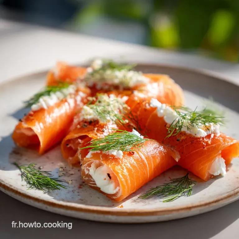 Tranches rondes de saumon rose et cr&egrave;me blanche sur une assiette &eacute;pur&eacute;e, d&eacute;cor&eacute;es de fines herbes et citron jaune.