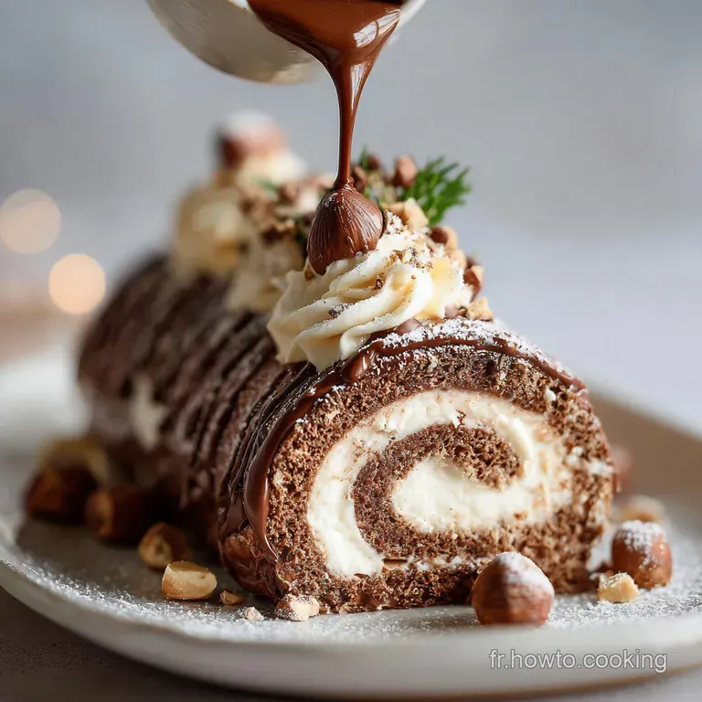 Slice of moist chocolate Yule Log with creamy filling on a festive plate, garnished with sugared cranberries and a dusting...