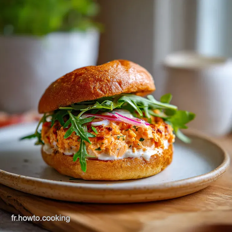 A perfectly formed salmon burger on a toasted bun, artfully arranged with fresh arugula and bright cherry tomatoes.