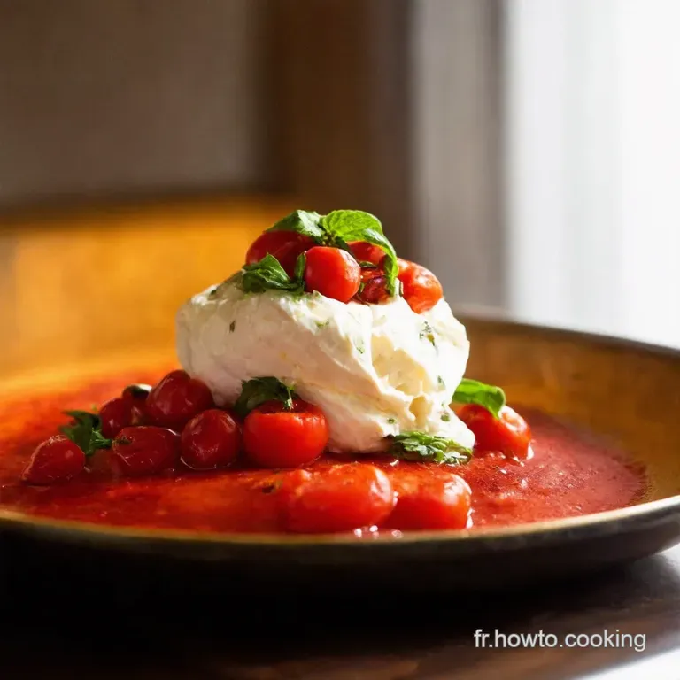 Burrata Aux Tomates Cerises R&ocirc;ties Et Basilic presentation