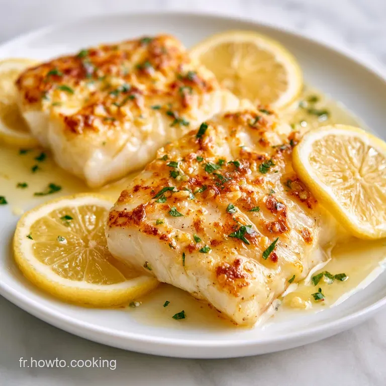 Filet de poisson blanc fondant sur assiette blanche, napp&eacute; d'une sauce brillante et agr&eacute;ment&eacute; de rondelles de citron.