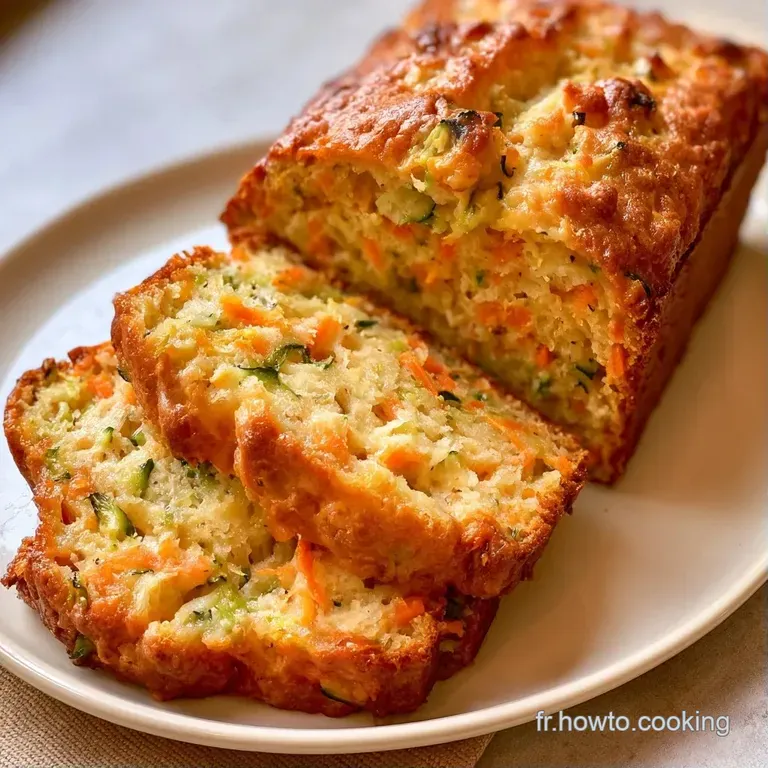 Tranches de g&acirc;teau sal&eacute; moelleux aux nuances orange et vertes, dispos&eacute;es avec soin sur une assiette en c&eacute;ramique blanche.