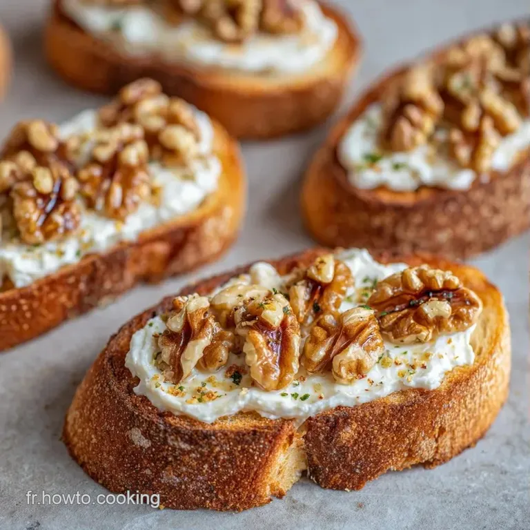 Bouch&eacute;es dispos&eacute;es avec soin sur une ardoise sombre, contrastant le blanc &eacute;clatant du fromage et le brun des noix.
