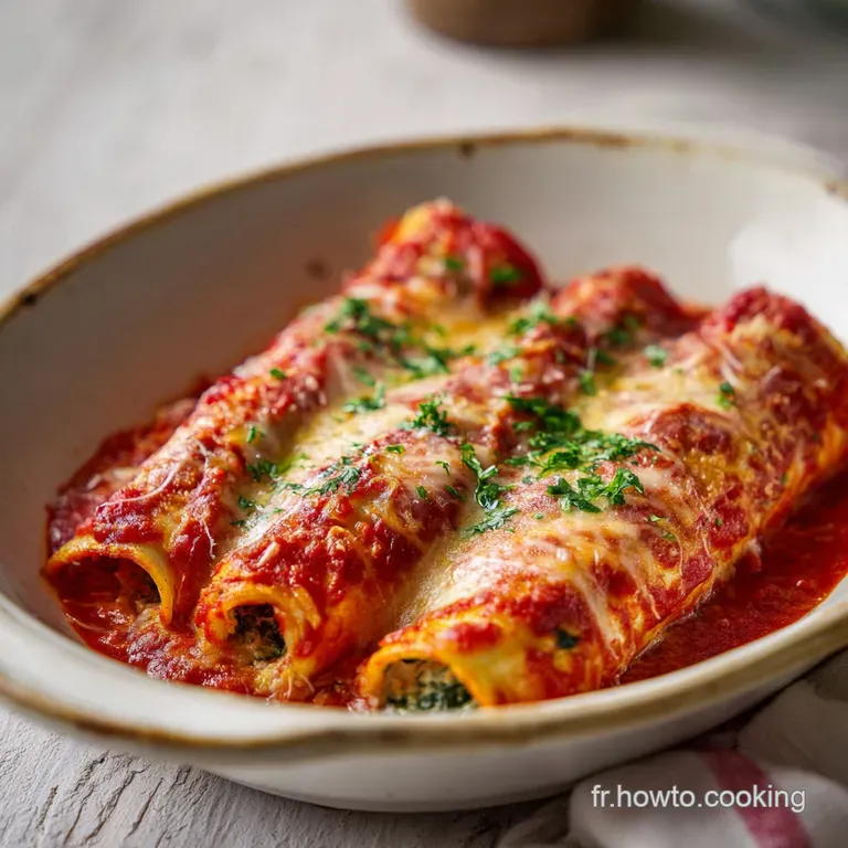 Three perfectly rolled cannelloni, bathed in rich sauce, artfully arranged with fresh basil and a sprinkle of Parmesan.