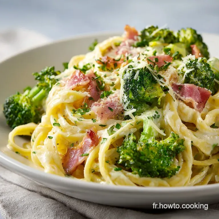 A twirled forkful of carbonara and broccoli held above a white plate; steam rises, promising a rich, savory, and comfortin...
