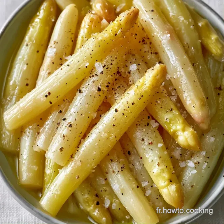 Disposition a&eacute;rienne de fines tranches d'asperges blanches sur porcelaine, sublim&eacute;es par un &eacute;clat d'huile d'olive pure.