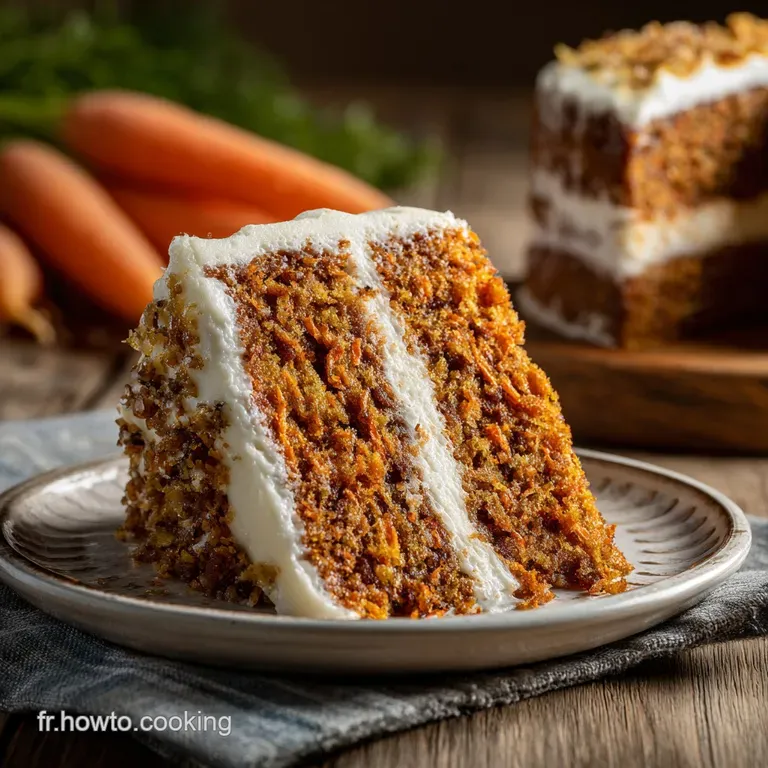 Slice of carrot cake showing layers of moist cake, creamy frosting, and visible carrot shreds on a white plate with a fork.