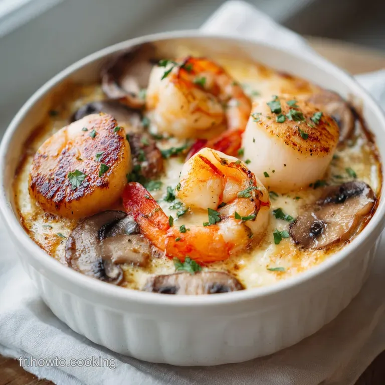 Elegant shallow bowl showcasing perfectly seared scallops and vibrant pink shrimp in a rich, bubbling sauce.