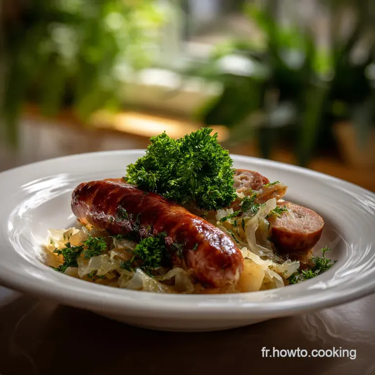 Artfully arranged choucroute plate: sliced sausage, tender pork, and tangy sauerkraut create a colorful, textured landscap...