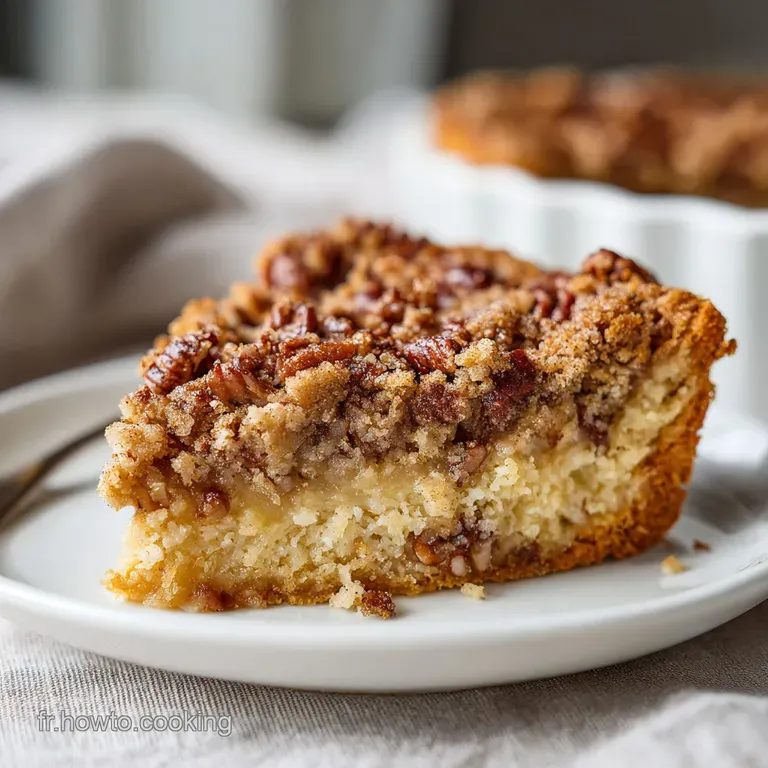 A decadent slice of coffee cake, drizzled with a creamy glaze and topped with toasted pecans.