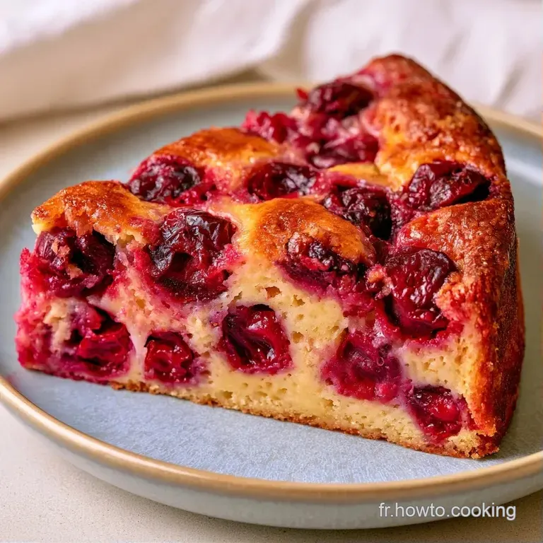 Une part triangulaire cr&eacute;meuse pos&eacute;e sur une assiette blanche, d&eacute;cor&eacute;e d'une cerise fra&icirc;che et d'une feuille de menthe.