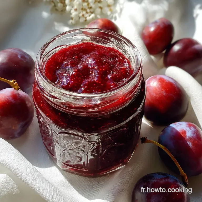 Golden plum jam spread on crusty bread, steam rising from a mug of tea. Warm light, breakfast scene, rustic wooden table.