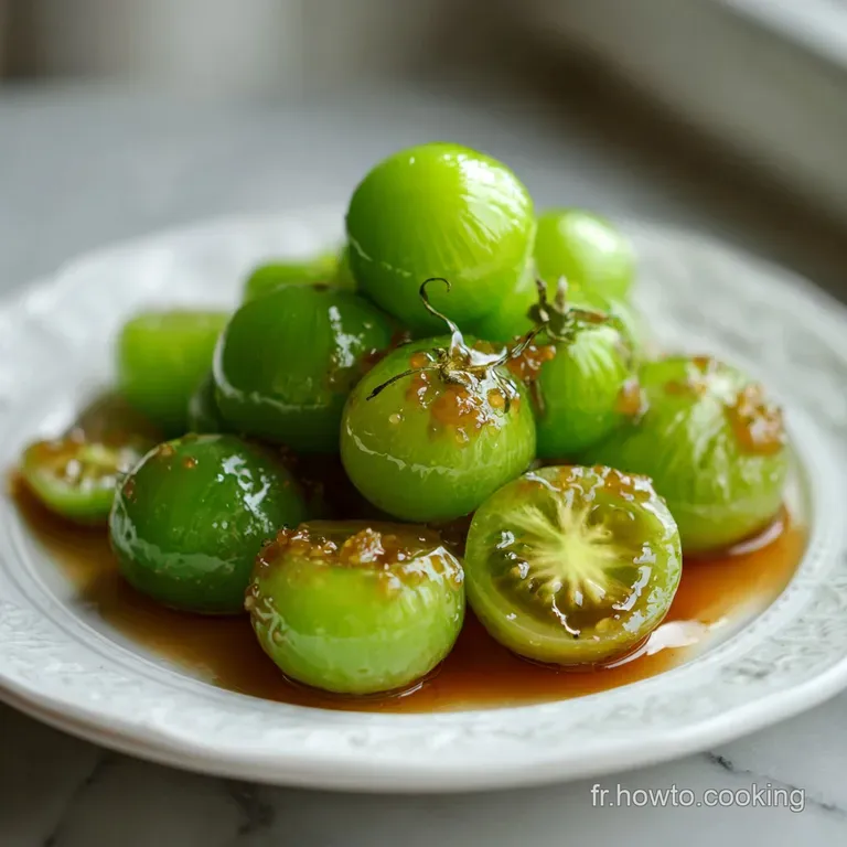 A spoonful of bright green tomato jam cascading over crusty bread. The jam's glossy surface and seeded texture contrast wi...