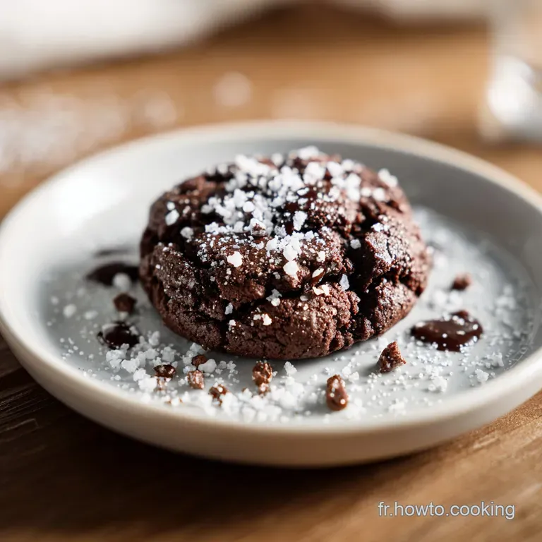 A rich, dark chocolate cookie on a white plate, sprinkled with flaky sea salt, with a small ramekin of vanilla ice cream.