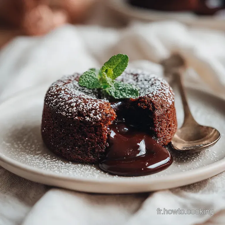 A single, warm chocolate lava cake on a white plate, oozing melted chocolate, topped with powdered sugar and berries.
