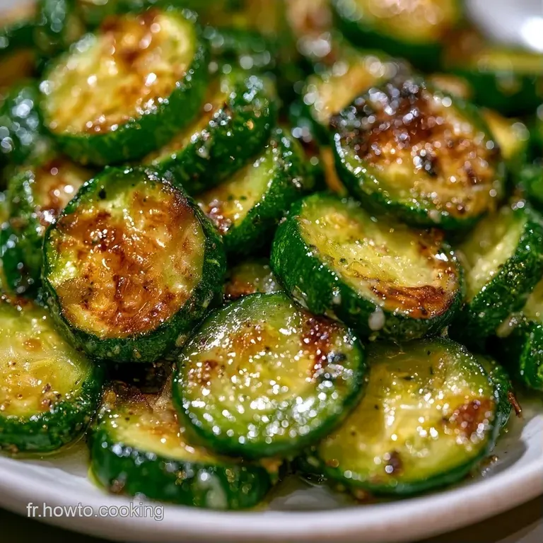 Courgettes fondantes et bien dor&eacute;es dispos&eacute;es avec soin dans une assiette blanche, parsem&eacute;es d'herbes fra&icirc;ches vertes.