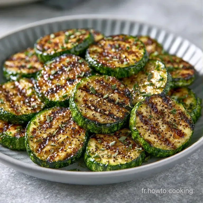 Tranches de courgettes r&ocirc;ties et brillantes, joliment empil&eacute;es dans une assiette en c&eacute;ramique grise, &eacute;clat de sel.