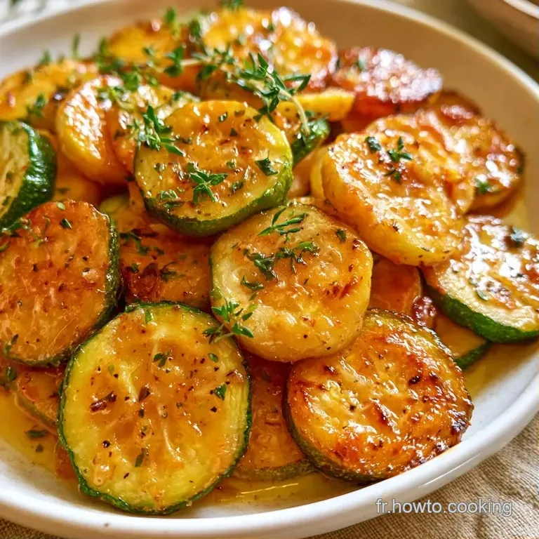 Courgettes fondantes et brillantes d'huile d'olive, dispos&eacute;es avec soin et d&eacute;cor&eacute;es de petites feuilles de thym.
