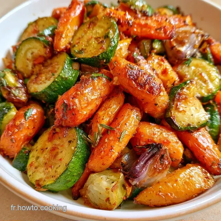 L&eacute;gumes r&ocirc;tis orange et vert dispos&eacute;s avec soin dans une assiette blanche, d&eacute;cor&eacute;s de petites herbes vertes fra&icirc;ches.