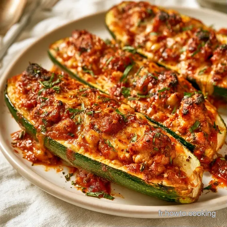 Une courgette farcie pos&eacute;e sur une assiette blanche, d&eacute;cor&eacute;e de persil frais et d'un filet de sauce onctueuse.