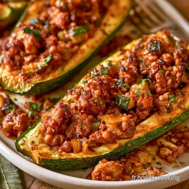 Deux courgettes farcies bien dor&eacute;es pos&eacute;es sur une assiette blanche, d&eacute;cor&eacute;es de brins de persil vert &eacute;clatant et d'huile.