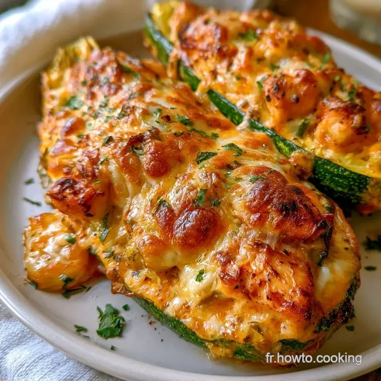 Deux demi-courgettes fondantes sur une assiette blanche, accompagn&eacute;es d'un filet de sauce onctueuse et de persil.