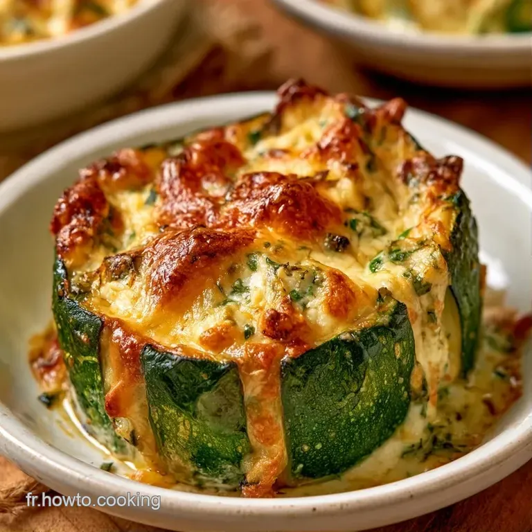 Courgette fondante vert tendre sur assiette blanche, surmont&eacute;e d'une farce cr&eacute;meuse et d'un brin de basilic &eacute;clatant.