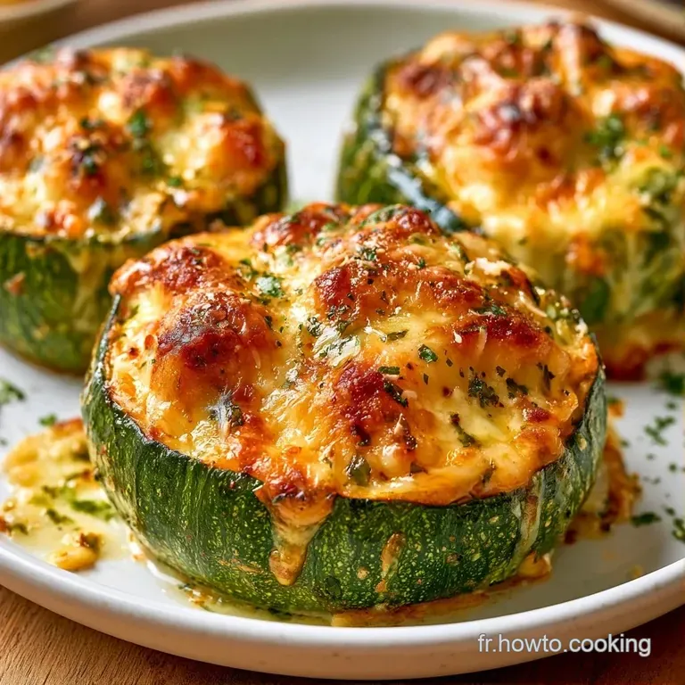 Courgettes farcies pos&eacute;es sur une assiette blanche, avec un filet de sauce onctueuse et quelques feuilles de basilic.