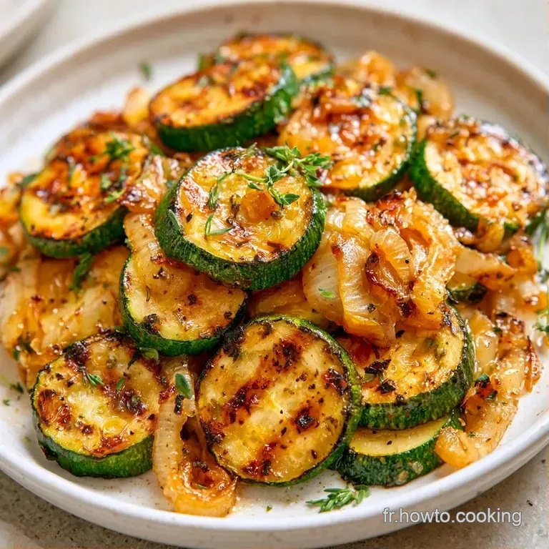 Courgettes tendres et grill&eacute;es dispos&eacute;es avec soin dans une assiette blanche, d&eacute;cor&eacute;es de brins de thym frais et vert.