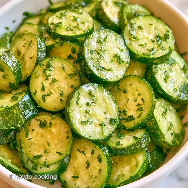 Disposition &eacute;l&eacute;gante de morceaux de courgettes fondantes et vertes, rehauss&eacute;es de fines herbes et d'un filet d'huile.