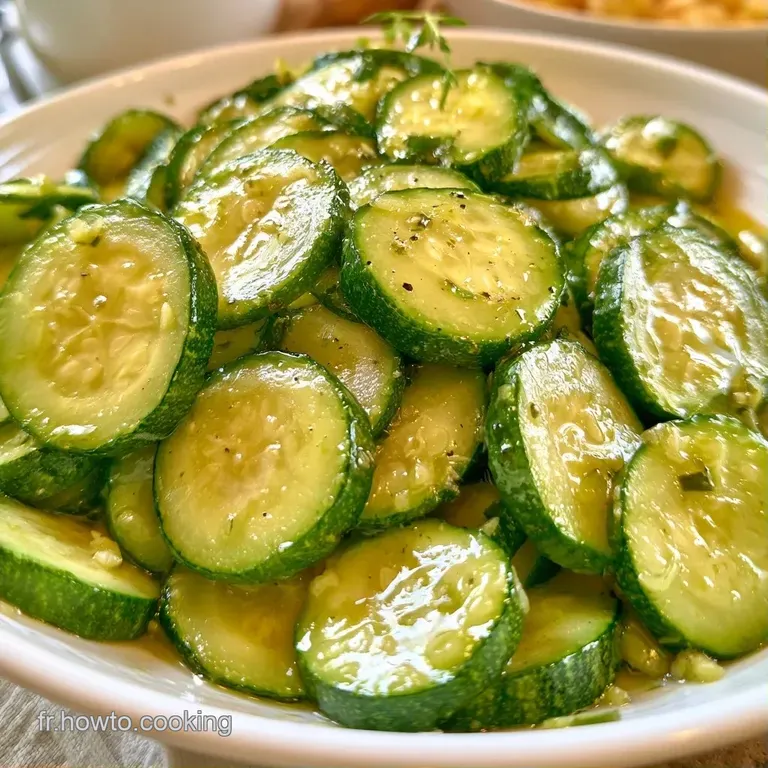 Courgettes fondantes dispos&eacute;es en spirale, d&eacute;cor&eacute;es d'un quartier de citron frais et d'herbes vertes cisel&eacute;es.