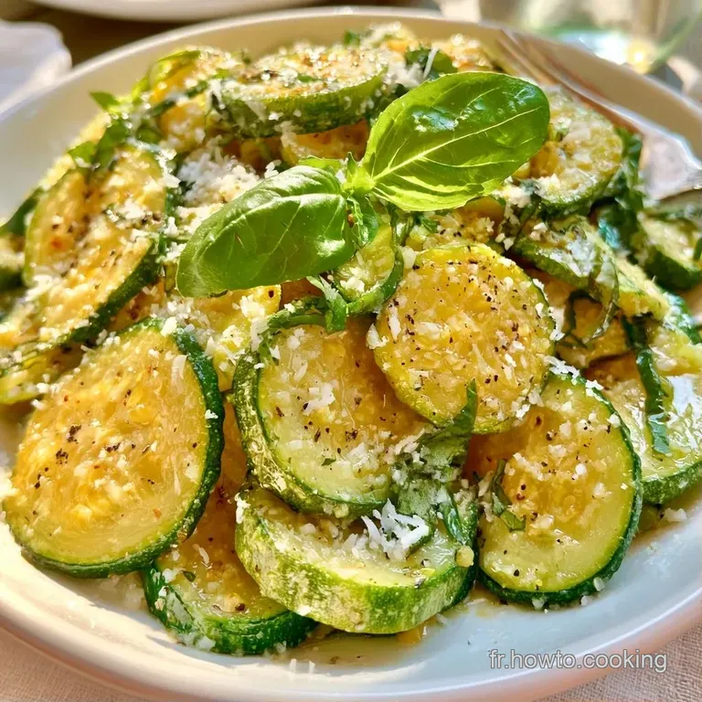 Courgettes fondantes dispos&eacute;es avec soin dans une assiette blanche, surmont&eacute;es de copeaux de fromage blanc fondant.