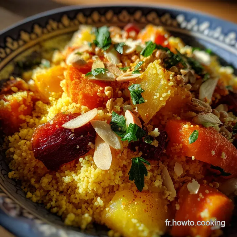 A towering plate of fluffy couscous, fragrant with spices, topped with succulent chicken and colorful, softened vegetables...