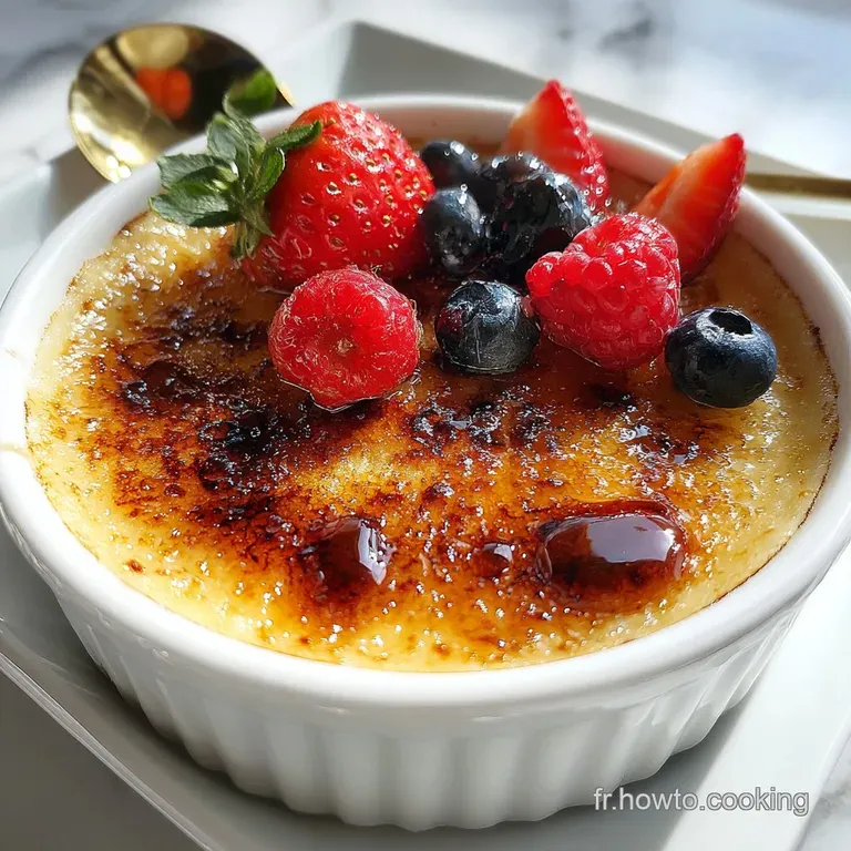 Elegant Cr&egrave;me br&ucirc;l&eacute;e in a ramekin, glistening with a brittle sugar topping. Garnished with a sprig of fresh mint.