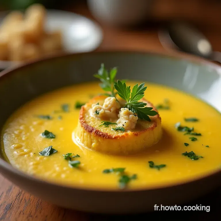 Le Velouté Doré Crème de Céleri au Curcuma Relevée dun Œuf Mollet Parfait presentation