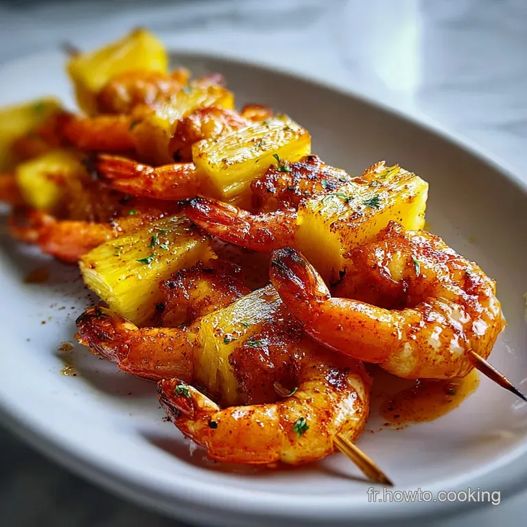 Two shrimp and pineapple skewers elegantly plated, showcasing the glistening glaze and char marks. Served atop a bed of mi...