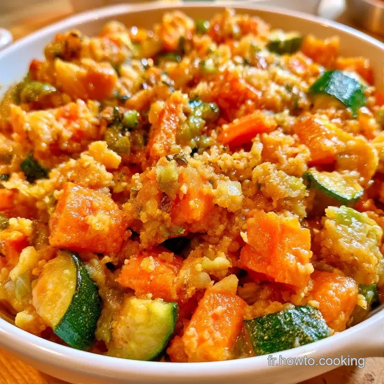 Portion individuelle dress&eacute;e avec soin, montrant une cro&ucirc;te dor&eacute;e et croustillante sur un lit de l&eacute;gumes color&eacute;s.