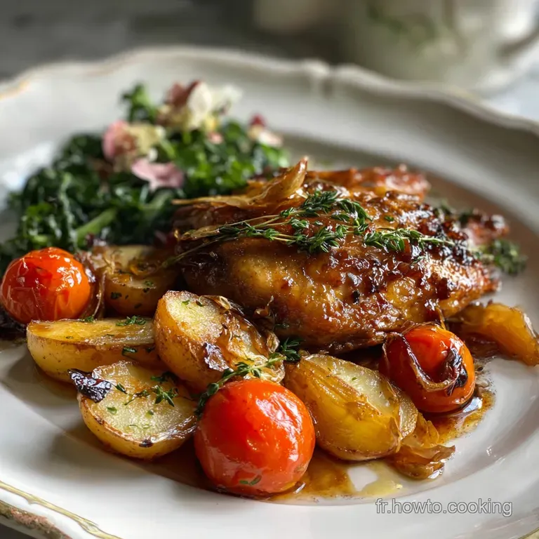 Elegant plate featuring tender chicken in a deep amber sauce, artistically drizzled. Sprigs of thyme offer a fragrant, rus...