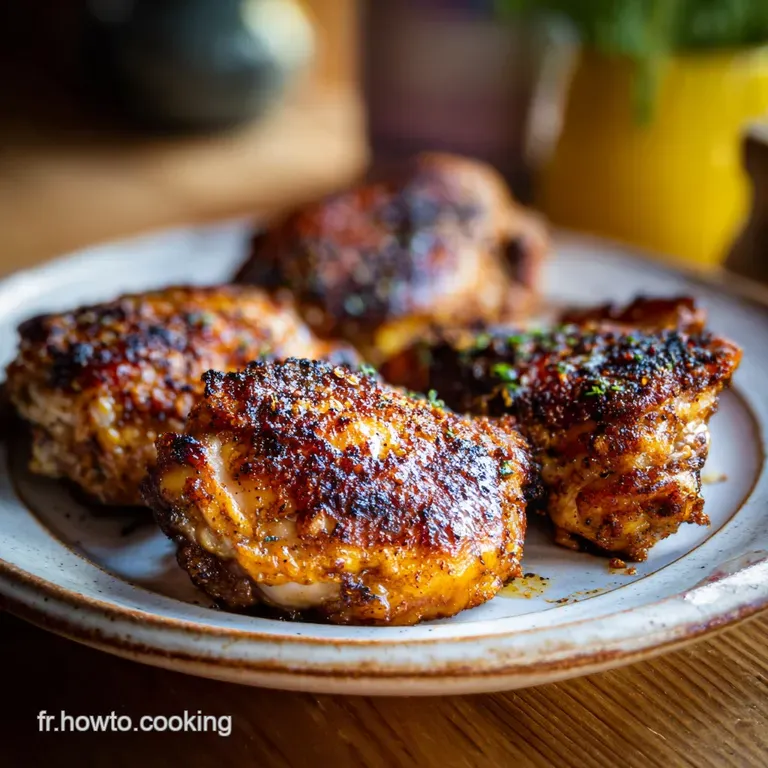 A single, perfectly browned chicken quarter rests on creamy mashed potatoes, brightened by fresh herbs. A balanced, elegan...