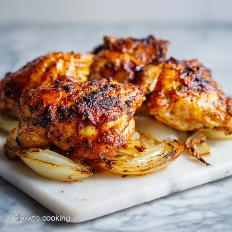 Perfectly browned chicken thigh on a white plate, garnished with bright herbs, highlighting the juicy, flavorful meat.