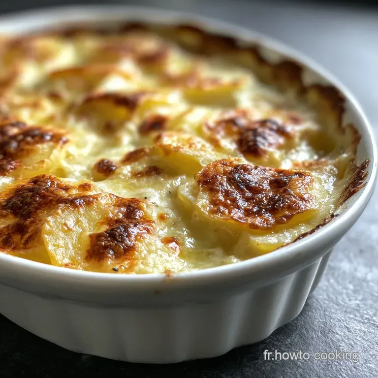 Elegant slice of gratin dauphinois showcasing layered potatoes in rich cream, garnished with a sprig of thyme, rustic and ...