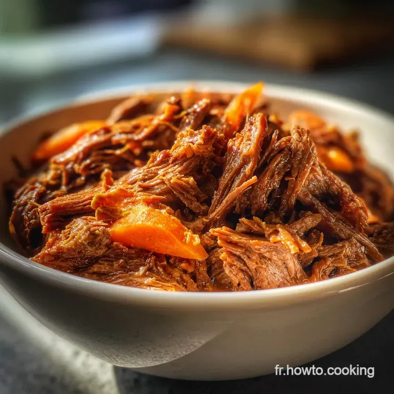 Elegant plate of tender, shredded beef with glistening sauce, artfully arranged and complemented by bright green parsley s...