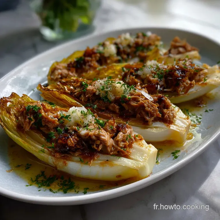 Elegant plate featuring crisp endive leaves, each holding a scoop of the tuna filling. Garnished with bright red cherry to...