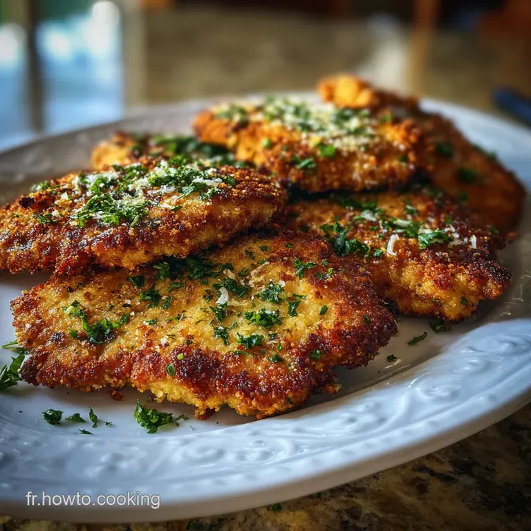 Crispy breaded chicken escalope, plated with a vibrant lemon wedge & parsley garnish. The golden-brown color contrasts bea...