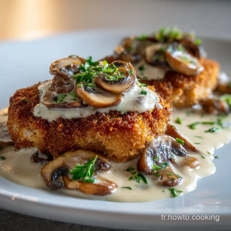 Elegant veal escalope plating: Tender, browned cutlet drizzled with sauce, atop fluffy potatoes and vibrant green beans, g...