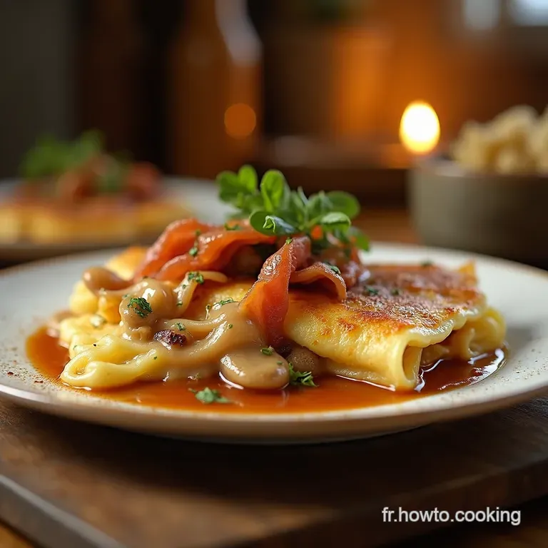 Les Ficelles Picardes Sans Gluten Crêpes Gourmandes au Jambon et Champignons Gratinées à la Béchamel presentation
