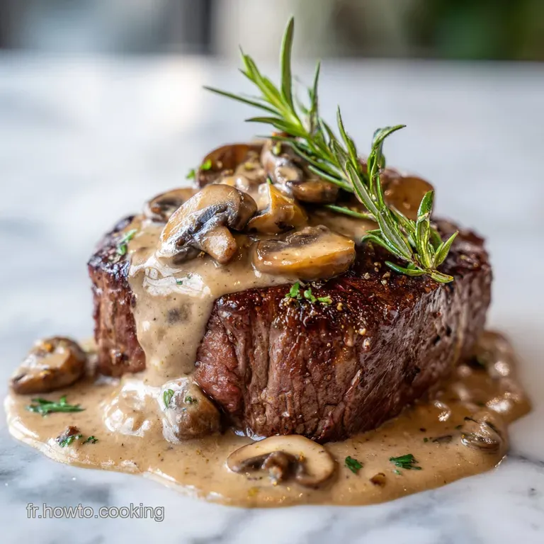 Tranches de viande ros&eacute;e dispos&eacute;es avec soin, accompagn&eacute;es de champignons saut&eacute;s et d'un nappage brillant et onctueux.